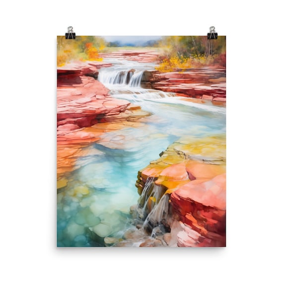Cano Cristales Watercolor Print, Colombia River Wall Art, South America Poster, Rainbow Landscape Decor, Tropical Nature Artwork