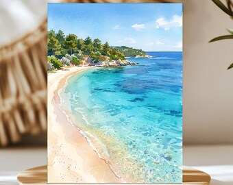 Voutoumi Beach Antipaxos Greece Watercolor Wall Art, Print or Canvas