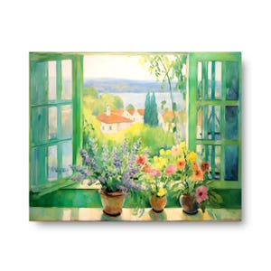 May include: A watercolor painting depicts an open green window frame looking out onto a landscape with white houses featuring orange roofs, green trees, and a body of water. Three terracotta pots with purple, yellow, and pink flowers sit on the sill.