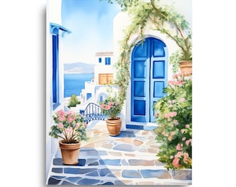 Santorini Blue Door Watercolor Print, Greek Coastal Art, Europe Travel Wall Art