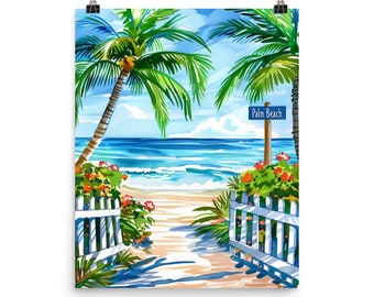 May include: A colorful illustration of a beach scene with two palm trees, a white picket fence, and a sign that reads "Palm Beach".