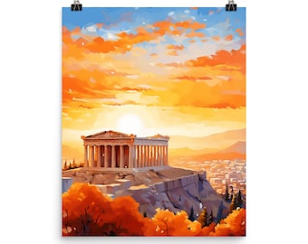 Athens Parthenon Watercolor Print, Greece Wall Art, Ancient Landmark Poster, Greek Architecture Decor, Sunset Cityscape, Europe Travel Gift