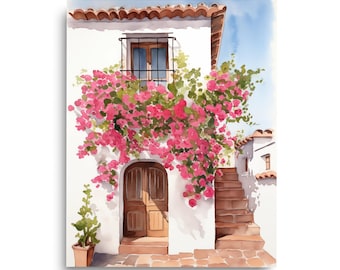 Spanish Door Watercolor Print, Andalusia Floral Wall Art, European Home Decor, Rustic Travel Poster, Mediterranean Architecture Artwork