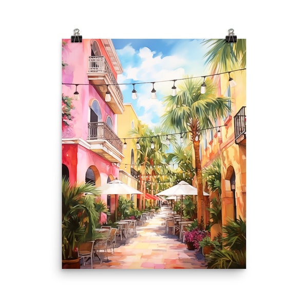 Espanola Way Watercolor Print | South Beach Art | Colorful Cityscape | Miami Wall Art | Streetscape | Miami Poster | Florida Home Decor