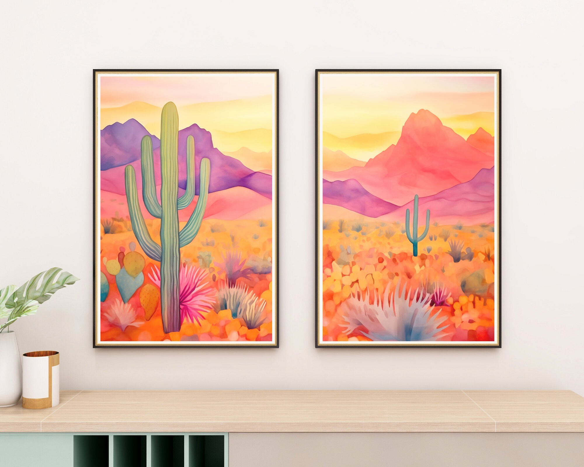Pink Desert Watercolor Print, Set of 2, Cactus and Mountain Wall Art ...