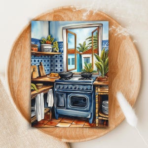 May include: A watercolor painting of a kitchen with a blue and white tiled backsplash, a black stove with two ovens, and a window overlooking a tropical scene. The window is open and there are palm trees and a blue sky visible outside. The text "Dominican Republic" is visible on a can on a shelf.