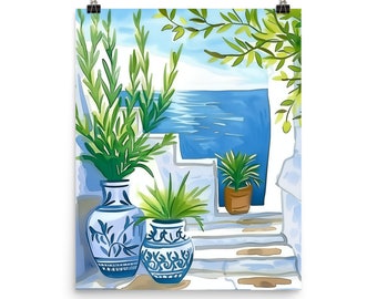 Aegean Seaside Watercolor Print Canvas, Greek Vases and Olive Branch Wall Art