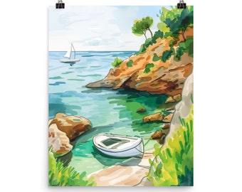 Costa Brava Watercolor Print, Spanish Seaside Coastal Wall Art