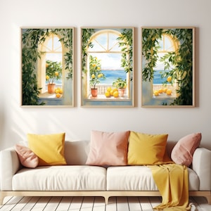May include: Three framed watercolor paintings of windows with lemon trees and a view of the ocean. The windows are painted in a light yellow color with white trim. The lemon trees are green with yellow lemons. The ocean is blue and the sky is light blue.