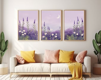 Lavender Wildflower Watercolor Print, Set of 3, Meadow Landscape Wall Art, Floral Nature Decor, Purple Boho Poster, Countryside Artwork