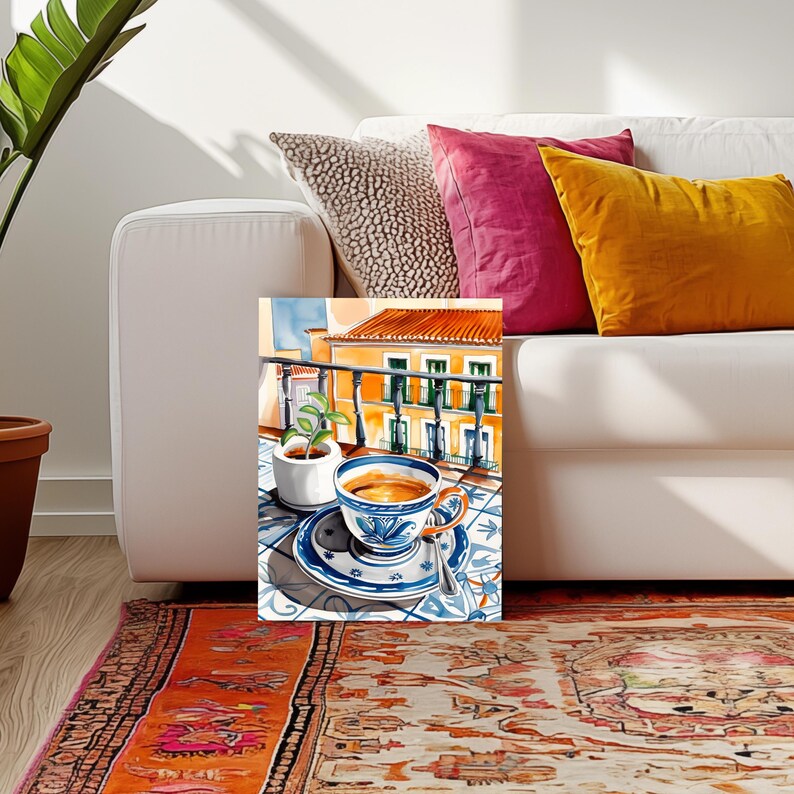 May include: A watercolor painting of a cup of coffee on a balcony overlooking a city street. The cup is blue and white with a floral design. The balcony is tiled in a blue and white pattern. There is a small plant in a white pot on the balcony.