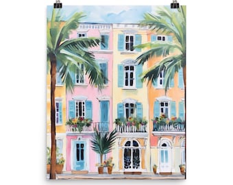 Rainbow Row Watercolor Print, Charleston Wall Art, Colorful Houses Poster, South Carolina Cityscape Decor