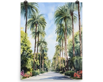 May include: A vertical art print depicting a sunlit street lined with tall, slender palm trees and lush green foliage. The scene features a clear blue sky with soft clouds, vibrant red and pink flowers at the base, and a paved road leading into the distance.