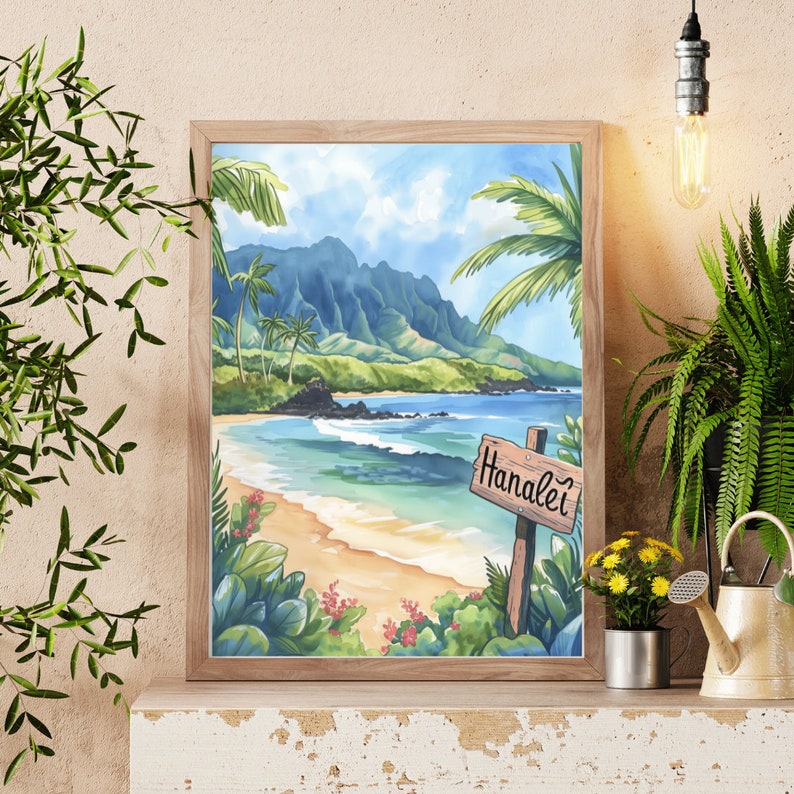 Hanalei Bay Watercolor Print, Kauai Coastal Wall Art, Tropical Hawaiian ...