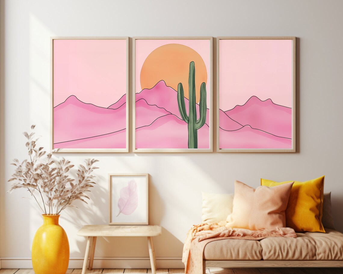 Retro Pink Desert Watercolor Print Set of 3, Saguaro Cactus Wall Art ...