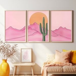 Retro Pink Desert Watercolor Print Set of 3, Saguaro Cactus Wall Art ...