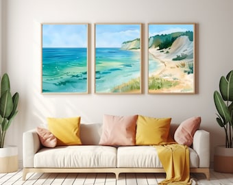 Sleeping Bear Dunes Prints or Canvas, Lake Michigan Shore Watercolor Set of 3