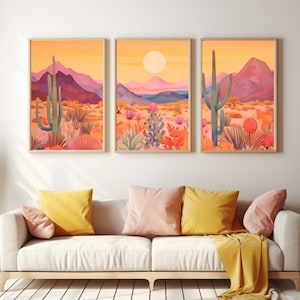 Arizona Desert Watercolor Print, Set of 3, Southwest Cactus Wall Art, Pink Desert Decor, American Landscape Poster, Sunset Travel Artwork