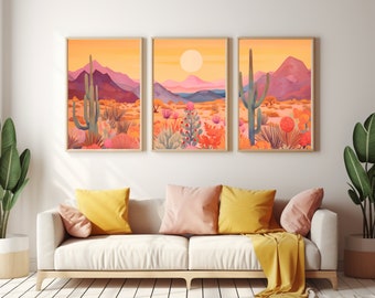 Western Desert Watercolor Horizontal Print | Set of 3 | Arizona Sunset Poster | Cactus Art | Desertscape | Pink Desert Art | Southwest Decor