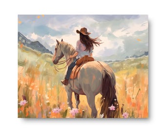 Cowgirl Horseback Riding Watercolor Canvas Print, Texas Western Art, Nature Wall Art