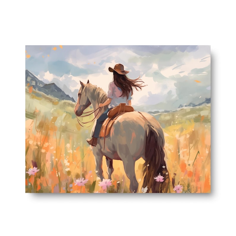 May include: A painting shows a person on horseback, riding through a field of wildflowers. The rider wears a brown hat and blue jeans. The horse is grey. The background features mountains and a cloudy sky, with a warm colour palette.