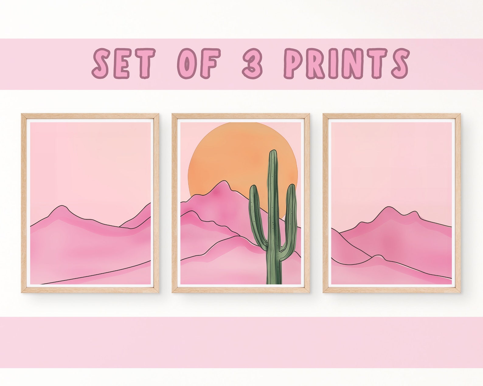 Retro Pink Desert Watercolor Print Set of 3, Saguaro Cactus Wall Art ...