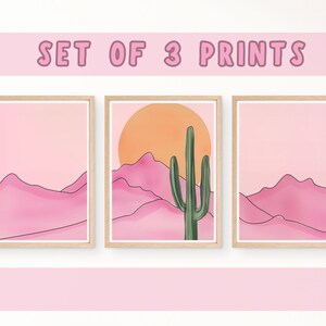Retro Pink Desert Watercolor Print Set of 3, Saguaro Cactus Wall Art ...