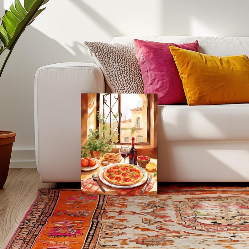 Puede incluir: Una pintura de una pizza con salsa de tomate roja y queso, una copa de vino tinto y una botella de vino sobre una mesa frente a una ventana con vista a un edificio.