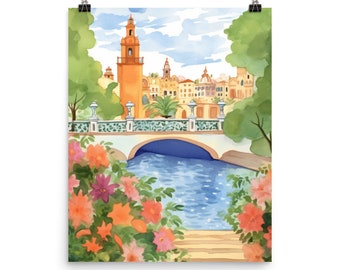 Catedral De Sevilla Watercolor Print |  Puente De Triana | Seville Home Decor | Spain Wall Art | Cityscape | | Andalusian | Travel Gift