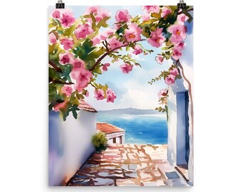 Andalusian Alleyway Watercolor Print, Spain Street Scene, Mediterranean Decor