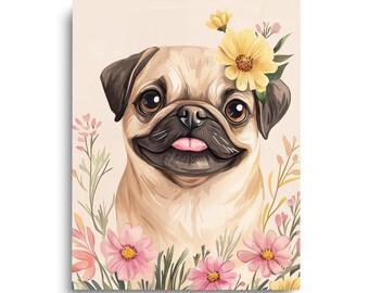May include: A digital illustration of a fawn-colored pug with a black muzzle and large brown eyes, featuring a pink tongue sticking out. The pug is surrounded by soft-toned pink and yellow flowers and green stems against a light cream background.