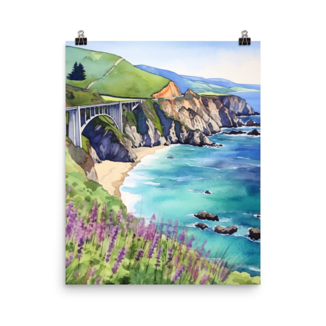 Big Sur Bixby Bridge Watercolor Print, California Coast Wall Art Poster ...
