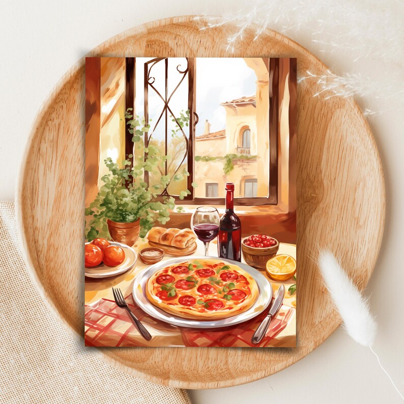 Puede incluir: Una pintura que representa una mesa puesta con una pizza, una copa de vino tinto, una botella de vino tinto, un cuenco de cerezas rojas, una rodaja de lim&oacute;n, un plato de pan y un cuenco de tomates. La mesa est&aacute; cubierta con un mantel a cuadros rojos y blancos. La escena se desarrolla frente a una ventana con vistas a un edificio.