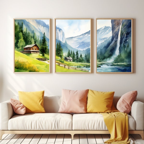 Lauterbrunnen Waterfall Watercolor Print | Set of 3 | Switzerland Travel Gift | Alpine Landscape | Swiss Alps | Jungfrau | Mountain Wall Art