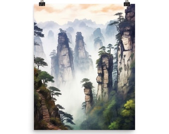Wulingyuan Watercolor Print, China Mountain Landscape Wall Art, Huangshi Village Poster, Asian Travel Decor, Chinese Nature Artwork, Hunan