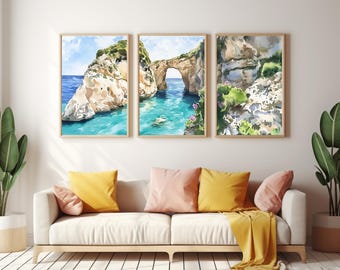 Tripitos Arch Set of 3 Watercolor Prints, Coastal Travel Wall Art, Triptych Print Set