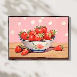 Watercolor Strawberry Bowl Print | Strawberries Poster | Kitchen Decor | Pink Kitchen Art | Fruit Painting | Fruits Poster | Food Wall Art