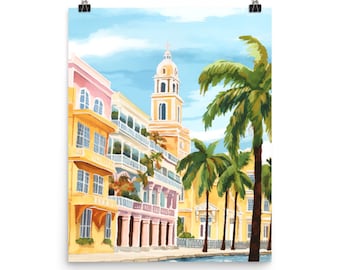 Panama City Watercolor Print, Casco Viejo Church Wall Art, Tropical Travel Poster