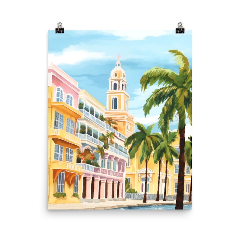 Panama City Watercolor Print | Panama Travel Gift | Central America | Colorful Houses Decor | Coastal Art | Church | Tropical | Palm Trees