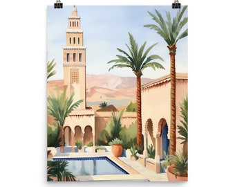 Marrakesh Watercolor Print, Moroccan Cityscape Wall Art, Atlas Mountains Poster, North Africa Travel Decor