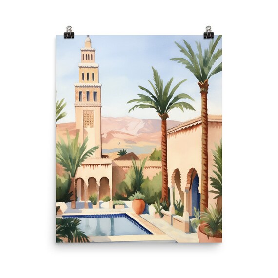 Marrakesh Watercolor Print, Moroccan Cityscape Wall Art, Atlas Mountains Poster, North Africa Travel Decor