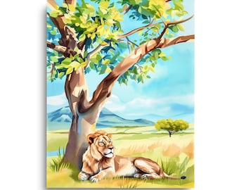 Lion Watercolor Print, African Savannah Wildlife Wall Art, Big Cat Poster, Safari Home Decor, Wild Animal Artwork, Lioness Illustration Gift
