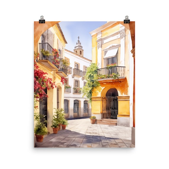 Seville Spain Watercolor Print, Barrio Santa Cruz Wall Art