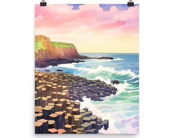 Giant’s Causeway Watercolor Print, Northern Ireland Wall Art, European Landscape Poster, Coastal Travel Decor, UK Nature Artwork, Ireland