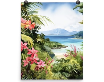 Barahona Beach Watercolor Print, Dominican Republic Coastal Art, Caribbean Seaside Poster, Tropical Island Wall Decor, Exotic Ocean Artwork
