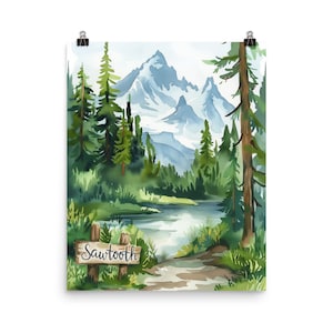 Sawtooth Mountains Watercolor Print | Idaho Travel Gift | Idaho Wall Art | Mountain Landscape Decor | Countryside | American Nature Poster