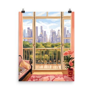 Retro NYC Apartment Watercolor Print | US Travel Gift | Central Park Wall Art | Retro Decor | Window View | Pink Aesthetic | Colorful City