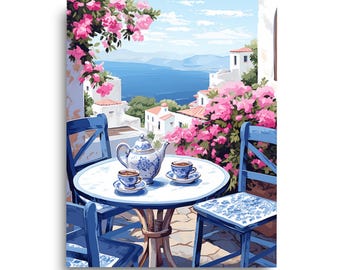 Greek Coffee Watercolor Print, Aegean Seaside Balcony Art, Mediterranean Kitchen Decor, Greek Gift, Coastal Cafe Poster, Europe Coffee Art