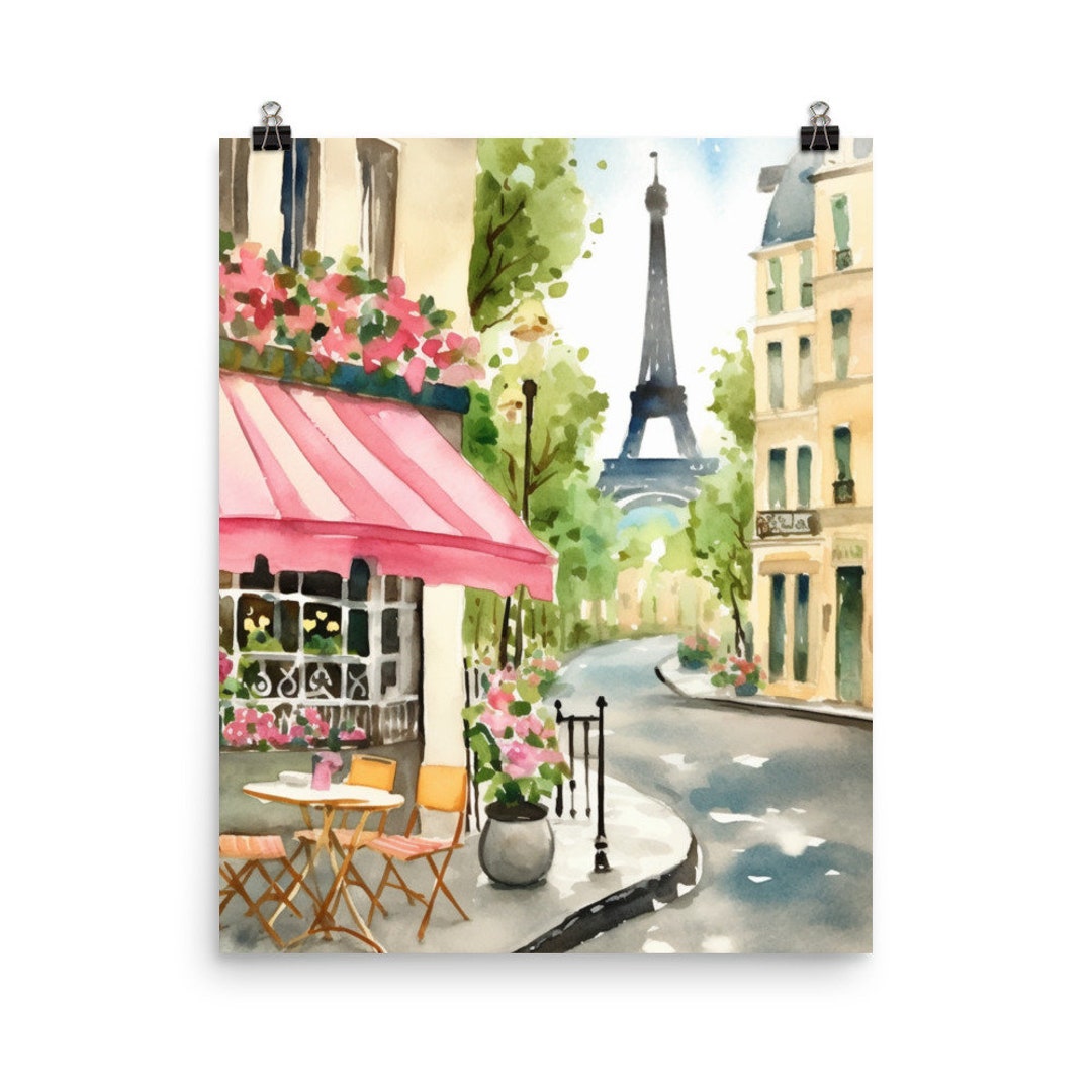 Paris Cafe Watercolor Print, Eiffel Tower Streetscape Art