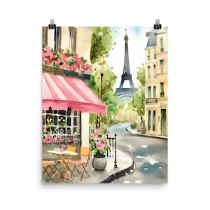 Paris Cafe Watercolor Print | Parisian Street Wall Art | Eiffel Tower Decor | Streetscape | French Cafe | Europe Cityscape | Travel Gift